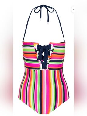 Trina Turk Navy Bow-Accent Striped Halter One-Piece